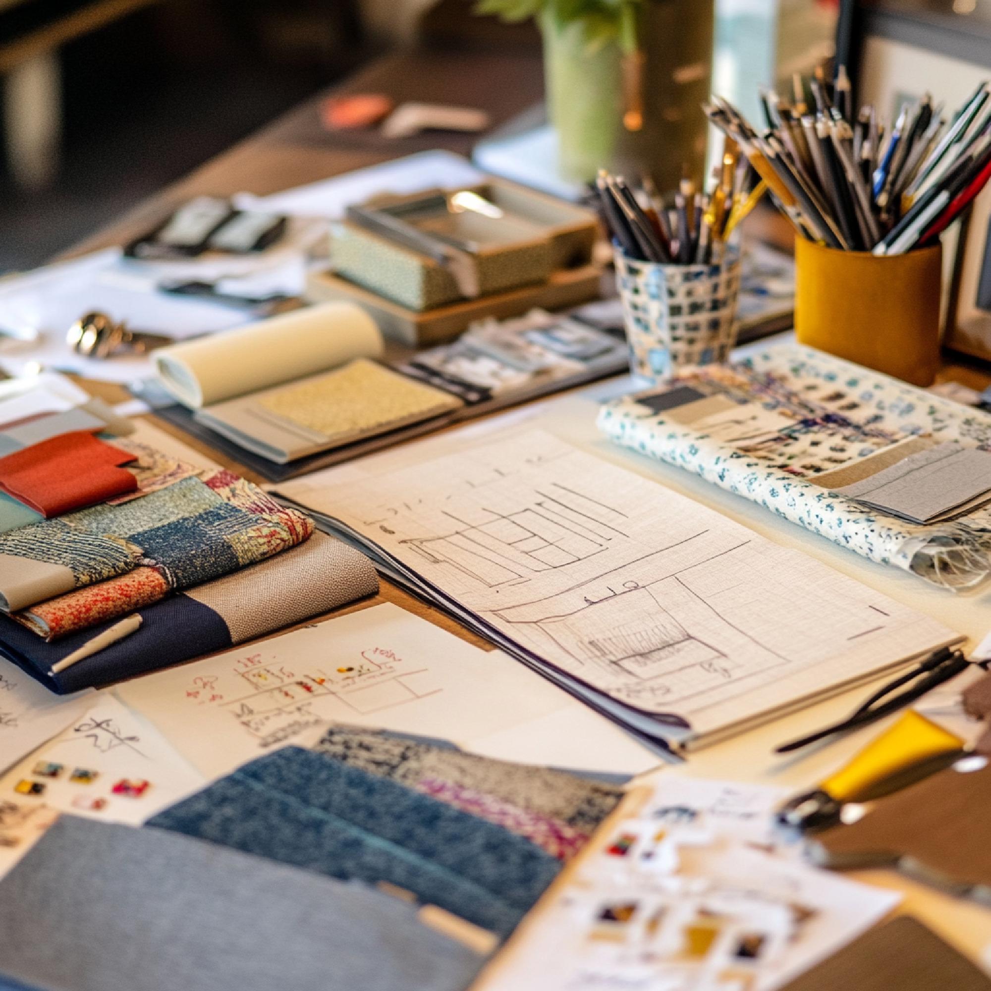 Workshop table with threads and blueprints