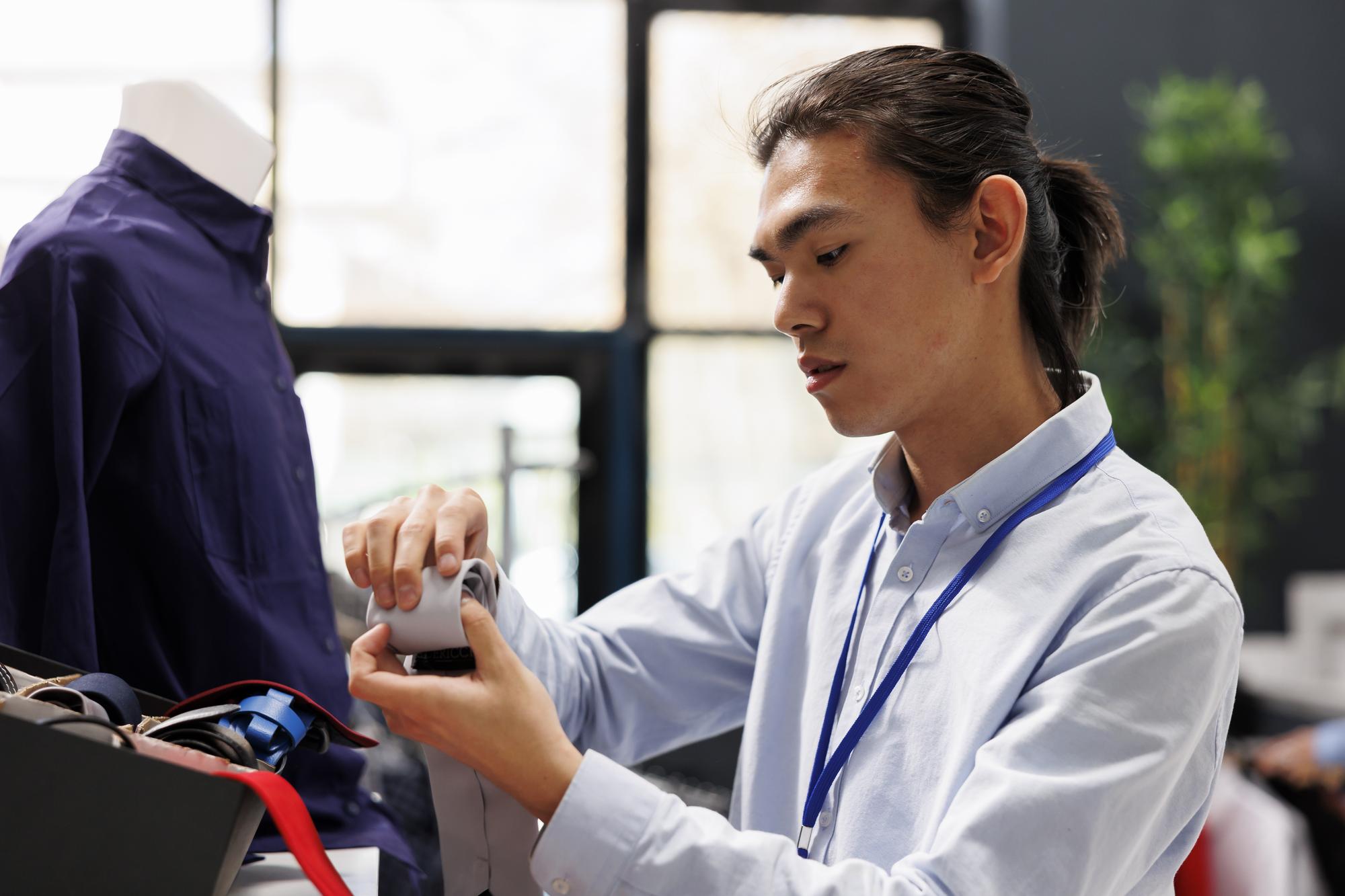 Team member inspecting embroidered sample